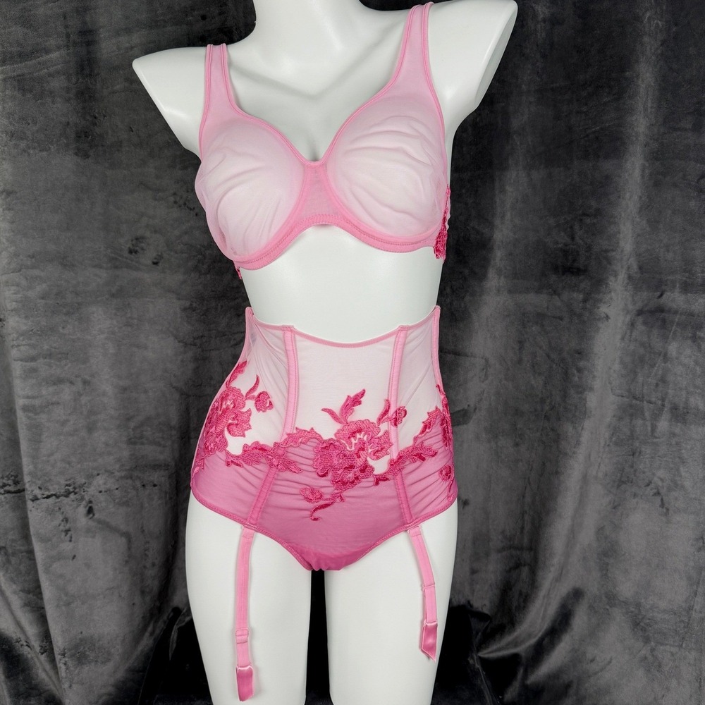 NWOT Vintage La Perla 3Pc Lingerie Set Sheer‎ Corset Garter 34D S/M Italy Luxury